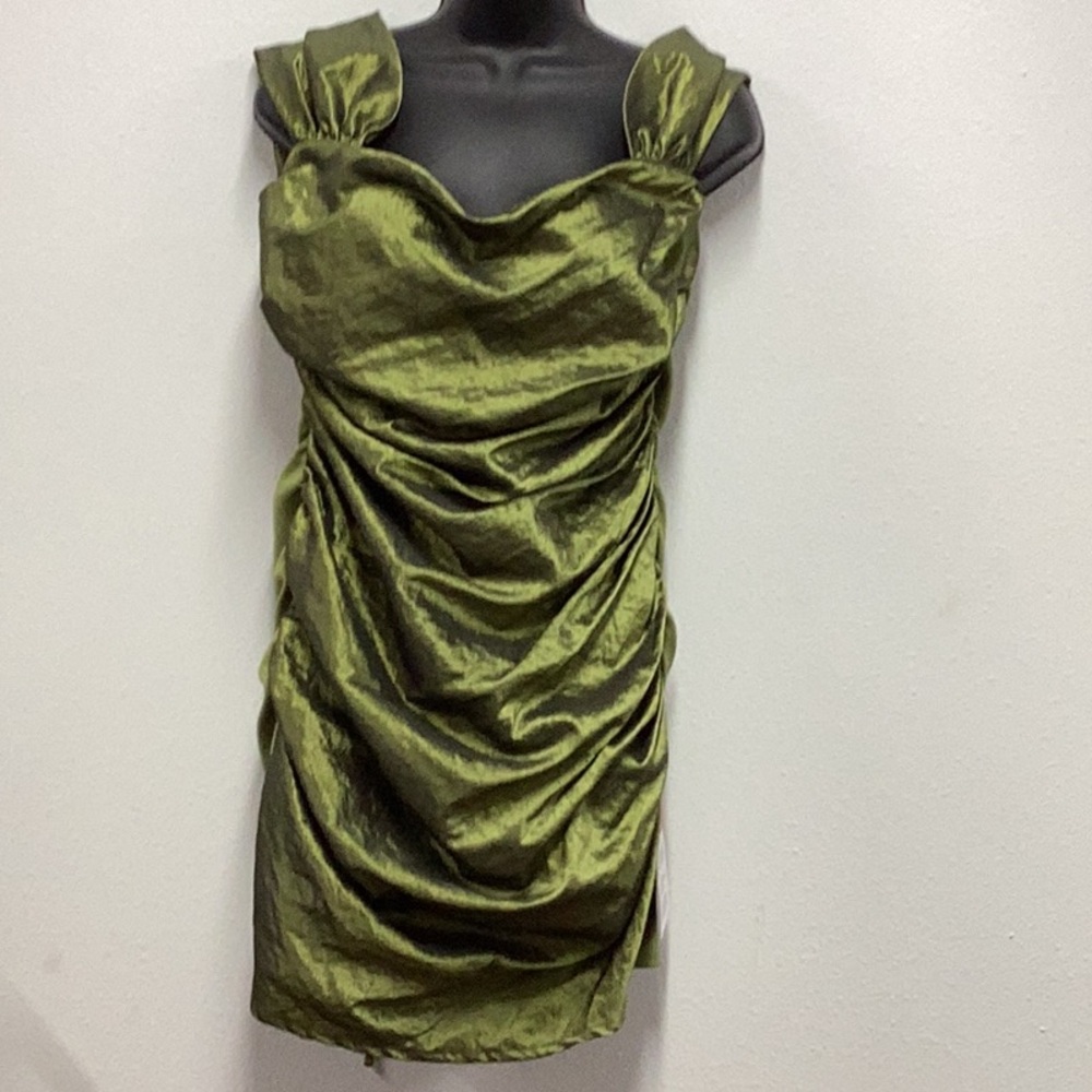 Taffeta off shoulder ruched,lace up back mini dress in olive green